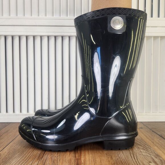 UGG Sienna Womens Sz 7 Black Glossy Rubber Boots Garden Outdoors Designer Modern - Picture 3 of 10